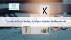 Tax benefits of doing business in the Netherlands concept with blocks spelling TAX and financial growth icons