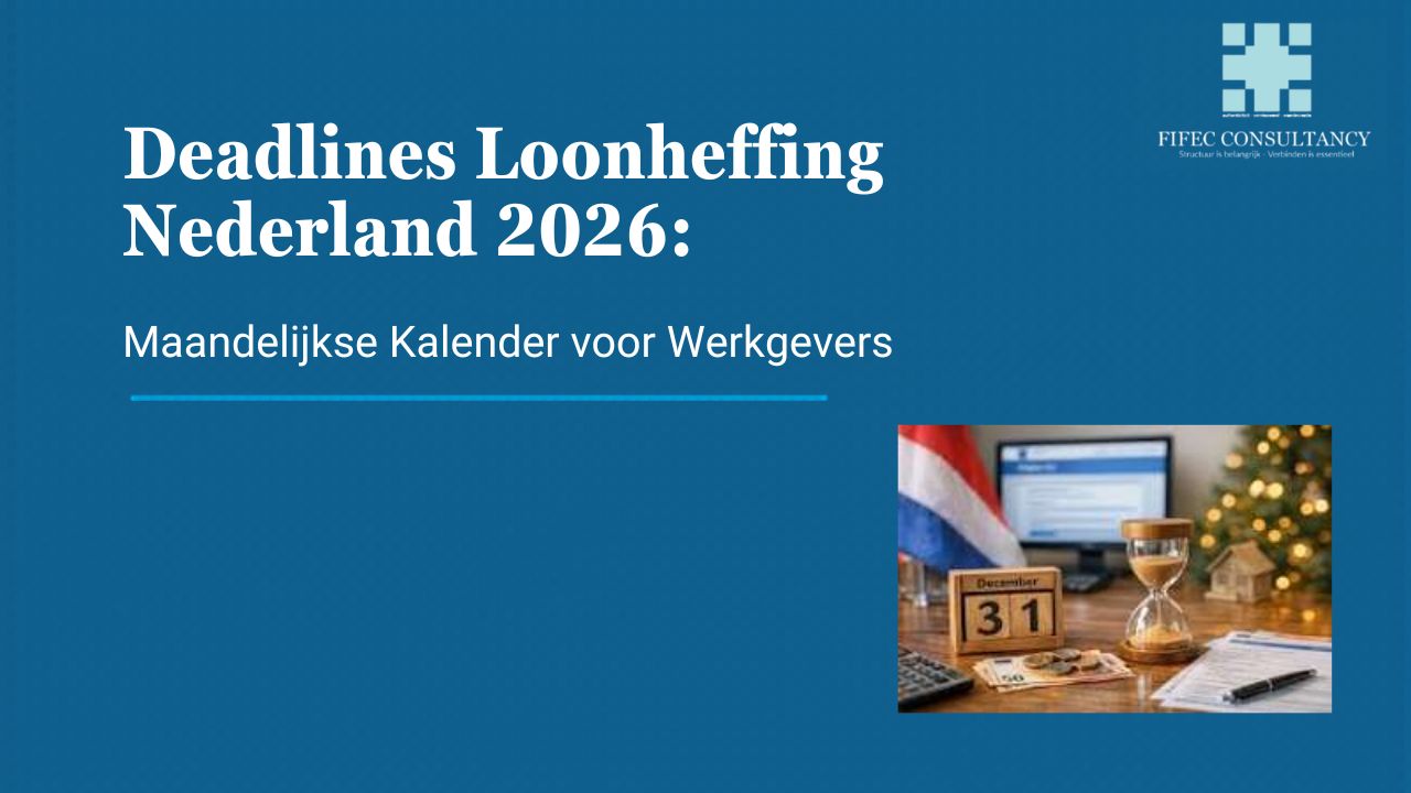 Infographic thumbnail: loonheffing deadlines Nederland 2026, maandelijkse kalender voor werkgevers, met kalender op 31 december, zandloper en Nederlandse vlag