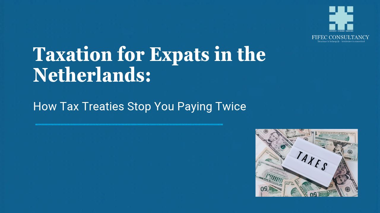 Taxes lightbox sign on US dollar bills with FIFEC Consultancy title on double taxation for expats in the Netherlands